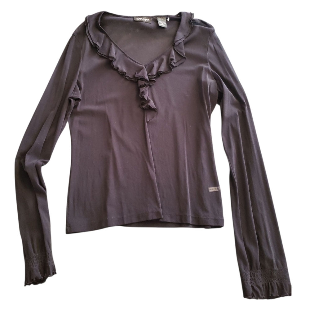 Vintage 90s New York & Company Black Ruffled Sheer Blouse - Picture 3 of 5